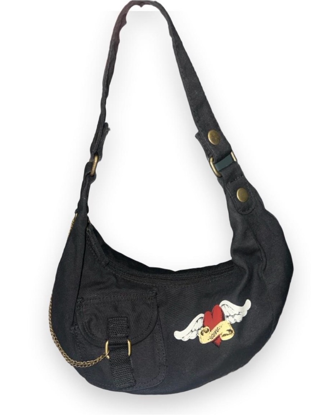 Y2K Chateau Black Shoulder Bag with Red Winged Heart Accent